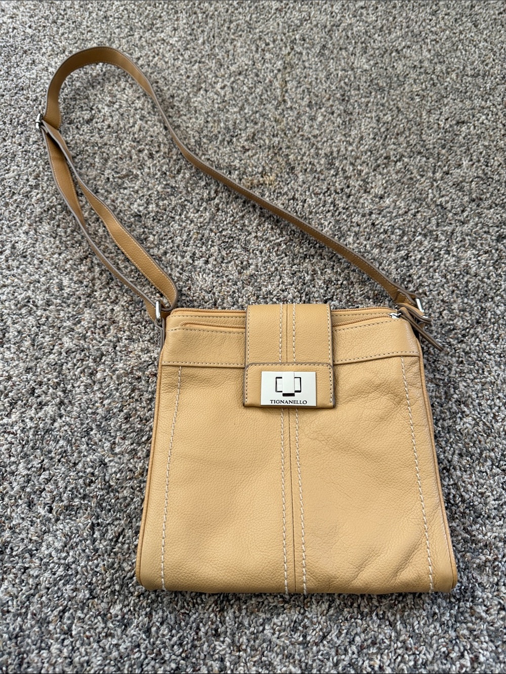 Tignanello Camel Leather Crossbody Bag with Silver Logo Plate